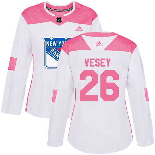 Adidas Rangers #26 Jimmy Vesey White/Pink Authentic Fashion Women's Stitched NHL Jersey - Click Image to Close